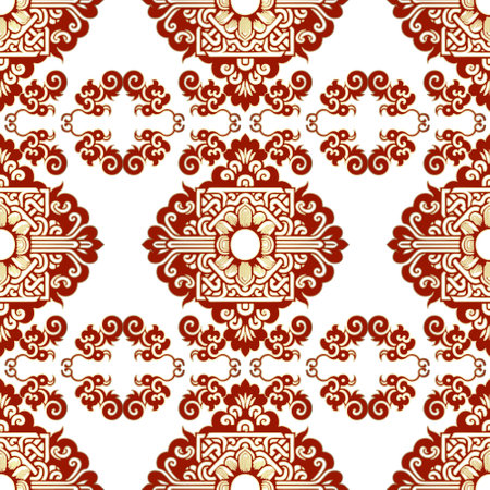 Chinese traditional beautiful seamless pattern. Vector ornamental ethnic floral background. Isolated colorful red gold ornaments on white background. Chinese new year. Endless ornate texture.のイラスト素材