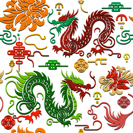 Colorful ornamental chinese dragons seamless pattern on white background. Happy Chinese new year 2024 Zodiac sign, year of the Dragon. Ornate decorative trendy design for cards, prints, wraps, fabric.のイラスト素材