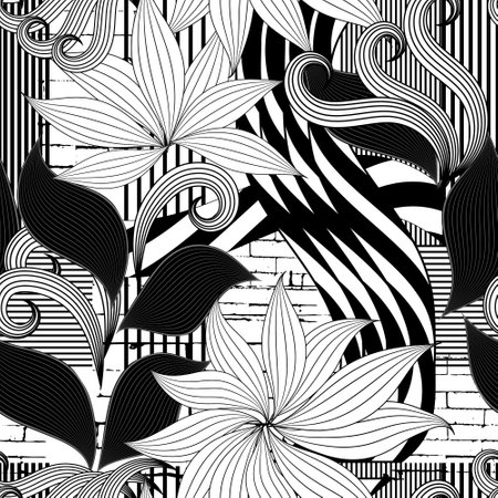 Black and white striped ornamental floral trendy seamless pattern. Hand drawn line art striped flowers leaves ornaments. Vector stripes background. Repeat artistic abstract backdrop. Endless texture.のイラスト素材
