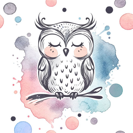 Watercolor painting minimalist doddle lines owl bird seamless pattern with spots, splashes, splatters. Dirty vector artistic background. Modern repeat backdrop. Cute cartoon hand drawn owl bird.のイラスト素材