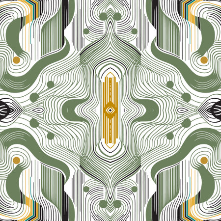 Stripes, lines and curves ornamental geometric green white yellow seamless pattern. Modern vector...