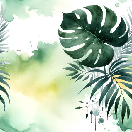 Watercolor beautiful tropical palm monstera leaves seamless pattern. Dirty watercolor splashes vector background. Hand drawn paint green palm branches, leaves. Modern ornament. Endless grunge texture.のイラスト素材