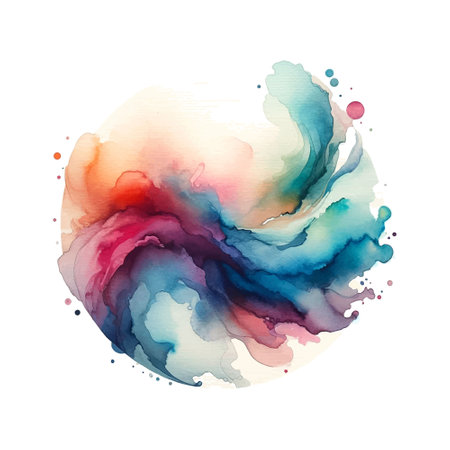 Watercolor vibtant splash splatter stain brush stroke with wet effect on white background. Modern bright round aquarelle spots. Trendy circle isolated blot on white. Vector watercolor design. Element.のイラスト素材