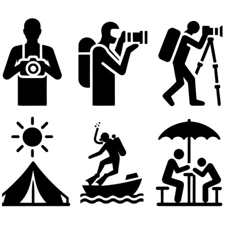 Black vector isolated icons silhouettes set of traveling and vacationing people. A tourist taking photographs, snorkeling in the sea, and a person setting up a camp tent. Traveling icons on white.のイラスト素材