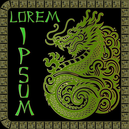 Green gold seamless asian style pattern with Chinese traditional ornamental dragon and meanders borders frames. Happy Chinese new year 2024 Zodiac sign, year of the Dragon. Space for text. Lorem ipsumのイラスト素材