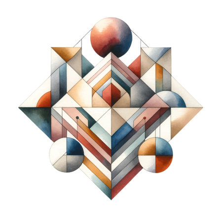 Geometric colorful elegant abstract watercolor composition pattern with geometry shapes, circles, rhombus. Hand drawn textured geometrical modern ornaments on white background. Isolated modern design.のイラスト素材