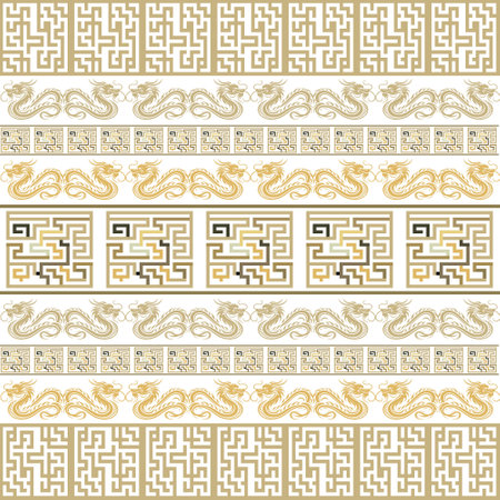 Chinese Borders. Traditional gold dragons seamless pattern with meander borders. Happy Chinese new year 2024 Zodiac sign, year of the Dragon. Isolated trendy vector dragon design on white backgroundのイラスト素材