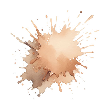 Brown and beige watercolor splash splatter stain brush stroke spray with wet effect on white background. Modern pastel color aquarelle spot. Trendy isolated design on white. Vector watercolor splash.のイラスト素材