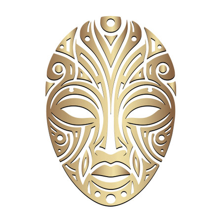 Mask. African exotic ornamental ritual tribal ethnic gold mask. Patterned african aboriginal mask on white background. Decorative ornament. Artistic creative ornate isolated mask with doodle ornaments.のイラスト素材