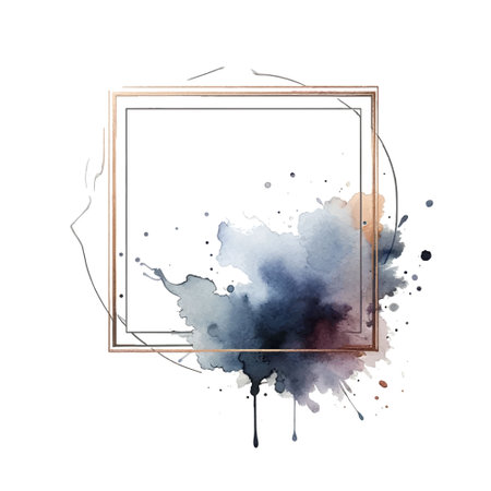 Gold square frames with colorful watercolor splash splatter stain brush strokes painting pattern on white background. Space for text. Trendy isolated watercolor design on white. Element. For cards.のイラスト素材