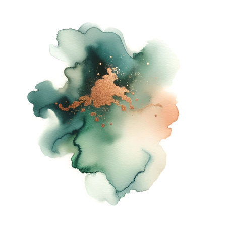 Liquid blue green watercolor splash splatter stain with wet effect gold glitter. Watercolor brush strokes. Beautiful modern hand drawn vector illustration. Isolated colorful design on white backgroundのイラスト素材