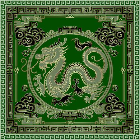 Green gold seamless asian style pattern with Chinese traditional ornamental dragon and meanders borders frames. Happy Chinese new year 2024 Zodiac sign, year of the Dragon. Decorative ornate design.のイラスト素材