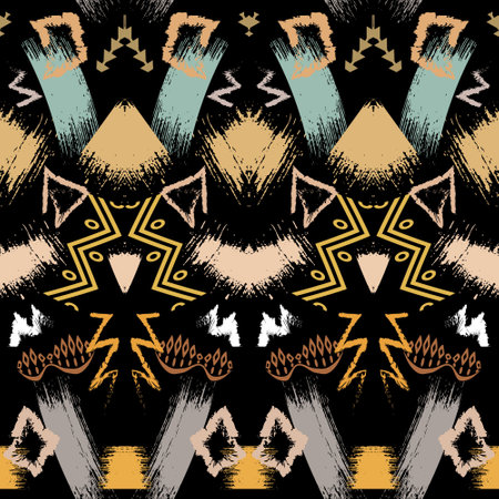 Abstract tribal ethnic african style hand drawn doodle symbols signs seamless pattern. Black modern vector background with brush strokes, doodles, borders and zigzag lines. Grunge endless texture.のイラスト素材