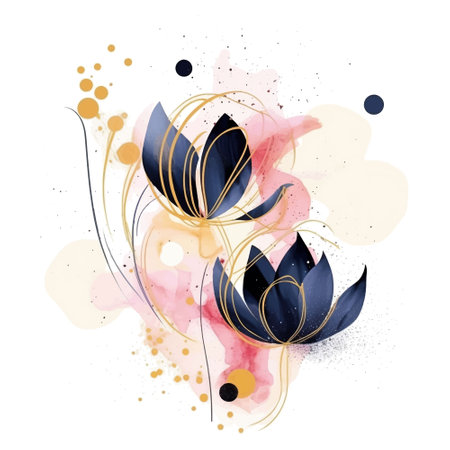 Watercolor beautiful blossom lotus flowers minimalist paint pattern. Water lilies. Dirty watercolor background with circles. Hand drawn paint lotus flower, leaves. Modern artistic ornament. Isolated.のイラスト素材