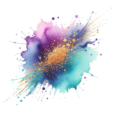 Violet blue watercolor splash blot splatter stain with wet effect gold glitter. Watercolor brush strokes. Beautiful modern hand drawn vector illustration. Isolated colorful design on white background.のイラスト素材