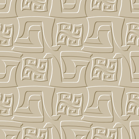Emboss textured greek 3d seamless pattern. Embossed relief light background. Greek key meanders surface geometric ornament. Abstract repeat backdrop.のイラスト素材
