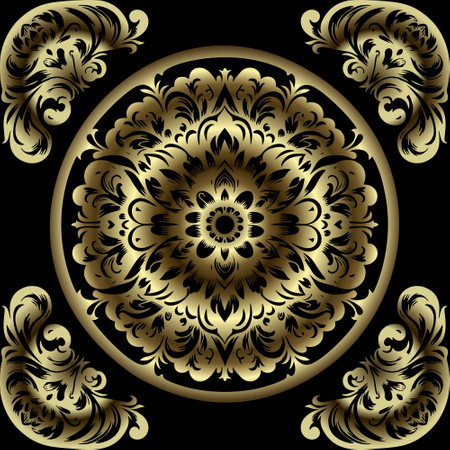 Gold luxury 3d ornamental floral vintage round mandalas seamless pattern. Surface modern vector background. Repeat decorative backdrop. Ornate beautiful ornaments with flowers. Endless texture.のイラスト素材