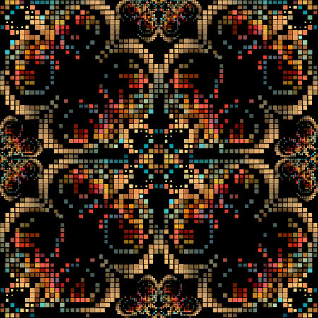 Pixel art mosaic halftone colorful squares floral modern seamless pattern. Abstract half tone vector background. Repeat ornamental backgrop. Trendy digital pixel flowers ornaments. Endless texture.のイラスト素材