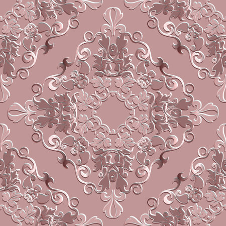 Beautiful textured emboss floral pink 3d Paisley seamless pattern. Arabesque vector embossed relief background. Repeat surface backdrop. Vintage flowers, leaves, swirl lines textured Damask ornaments.のイラスト素材