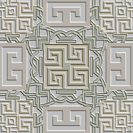 Embossed 3d celtic greek textured seamless pattern. Emboss ornamental celtic knots and greek key meanders surface vector background. Tribal ethnic celtic style relief geometric grunge 3d ornamentsのイラスト素材
