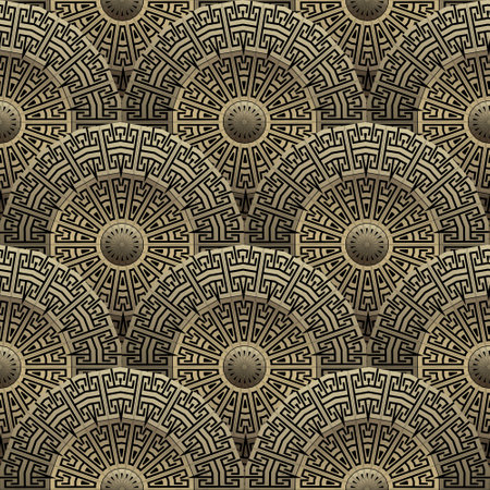 Gold beautiful round tiled 3d mandalas seamless pattern. Ornamental vector background. Modern circle radial golden mandalas with greek key meanders. Luxury Deco ornaments. Surface endless texture.のイラスト素材