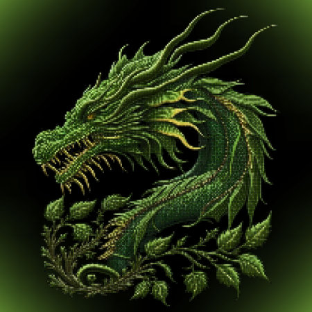 Pixel art textured halftone squares green fierce dragon with sharp teeth. Embroidery dragon pattern. Floral leafy glowing background illustration. Surface embroidered mosaic texture. Chinese symbol.のイラスト素材