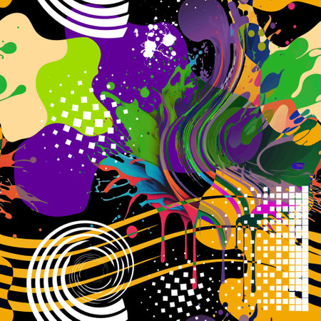 Trendy abstract geometric bright seamless pattern with different shapes, brush strokes, stripes, splashes, spiral, curves, doodle lines, halftone squares. Hand drawn colorful modern vector background.のイラスト素材