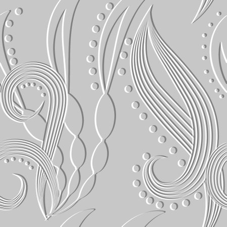 White emboss lines flowers leaves 3d seamless pattern. Textured light floral grunge background. Vector repeat relief backdrop. Surface ornaments. Ethnic style hand drawn design. Embossing 3d texture.のイラスト素材