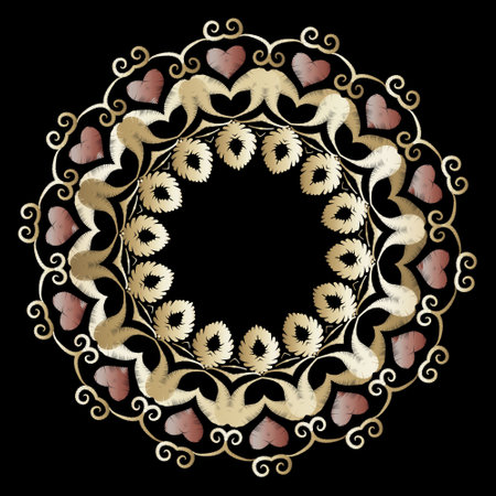 Gold embroidery love hearts mandala pattern. Colorful tapestry ethnic ornament. Elegant decorative floral design. Beautiful textured golden ornament. Grunge lines, swirls, circles, frames, flowers.のイラスト素材