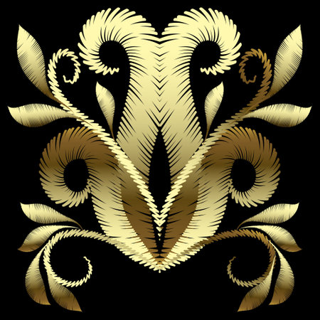 Gold luxury embroidery textured 3d floral Damask seamless pattern with hatched lines grunge vintage...