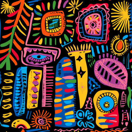 Doodles colorful african tribal ethnic abstract seamless pattern background with squiggles, doodle lines, zigzag, dots, different hand drawn shapes and lines. Vector bright freehand endless ornaments.のイラスト素材