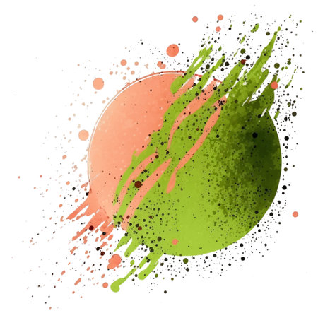 Modern colorful round watercolor splash blot splatter stain in olive green pink colors. Watercolor brush strokes. Beautiful trendy textured hand drawn vector illustration. Isolated design on white.のイラスト素材