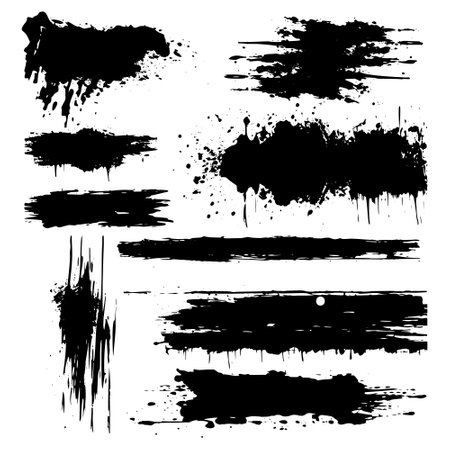 Black grunge textured hand drawn ink brush strokes vector set on white background. Decorative isolated brushstrokes collection for design. Elements. Grungy rough texture.のイラスト素材