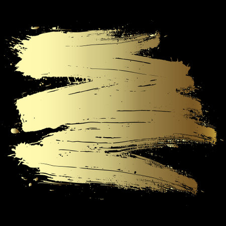Gold painted hand drawn grunge brush stroke blot splatter stain on black background. Isolated design. Decorative grungy golden oil textured brushstroke pattern element. Rough texture.のイラスト素材