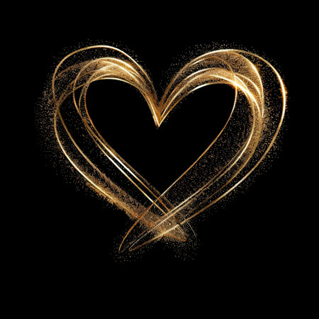 Gold glittery doodle line art beautiful artistic love heart pattern background illustration. Glowing shiny abstract modern golden lines luxury love heart image. Decorative ornate textured design.のイラスト素材