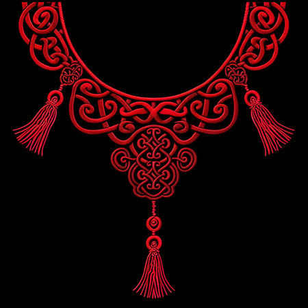Chinese style embroidery red 3d neckline design with braided knots and fringes. Traditional asian auspicious happy symbols. Beautiful ornate modern luxury lacy knotting ornaments. Surface texture.のイラスト素材