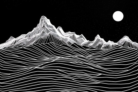 Black and white lines mountains moon stars galaxy landscape vector background. Modern monochrome line art japanese chinese style drawing mountains background.のイラスト素材