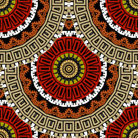 Greece ancient style tiled round gold red mandalas seamless pattern. Greek key meanders, zipper. Ornamental repeat ethnic floral vector background. Ornate beautiful modern ornaments. Fabric patterns.のイラスト素材