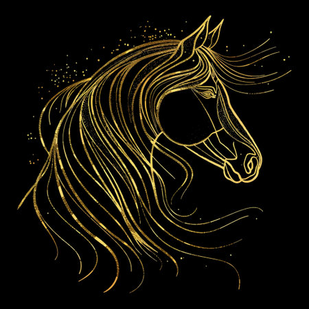 Beautiful gold glittery line art hand drawn minimalist horse pattern. Vector luxury black background with isolated golden lines drawing horse head silhouette and glitters. Ornate grunge texture.のイラスト素材