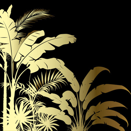 Tropical palm trees leaves branches beautiful floral pattern. Black and gold vector background. Hand drawn tropical plants silhouettes gold ornaments. Luxury golden texture. For cards, banners, printのイラスト素材