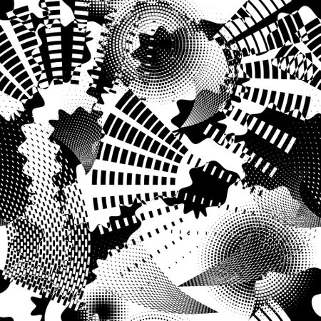 Futuristic style black and white halftone abstract wavy shapes geometric seamless pattern. Modern beautiful ornamental half tone vector background. Trendy hand drawn ornaments. Endless grunge texture.のイラスト素材
