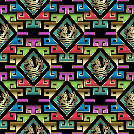 Chinese style colorful ornamental meanders seamless pattern with gold Chinese dragons. Modern beautiful ethnic style geometric vector background. Repeat abstract patterned backdrop. Endless texture.のイラスト素材