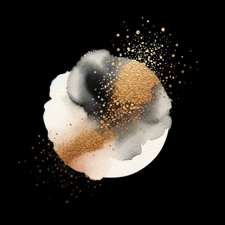 3d Round luxury watercolor splash blot splatter stain with gold glitters. Watercolor spot. Beautiful hand drawn vector illustration. Isolated colorful textured modern 3d design on black background.のイラスト素材