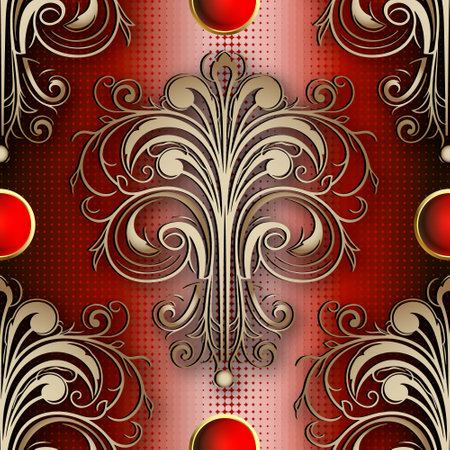 3d Vintage Baroque Damask floral seamless pattern. Vector textured grunge halftone circles red background with gold vintage flowers, leaves, buttons. Ornate beautiful ornament. Luxury endless texture.のイラスト素材