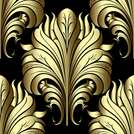 3d Vintage art nouveau floral seamless pattern. Vector ornamental antique old style black background...