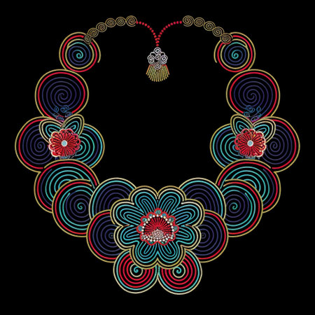 3d japanese floral embroidery neckline pattern. Vector embroidered neck ornaments. Colorful decorative textured neck border frame with Japanese style flowers. Black background. Grunge surface texture.のイラスト素材