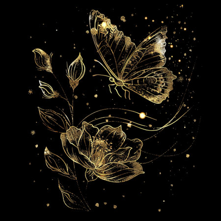 Beautiful golden glittery drawn butterfly flowers leaves on black background with sparkling stars and glow particles. Vector shiny botanical romantic pattern. Isolated luxury decorative design.のイラスト素材