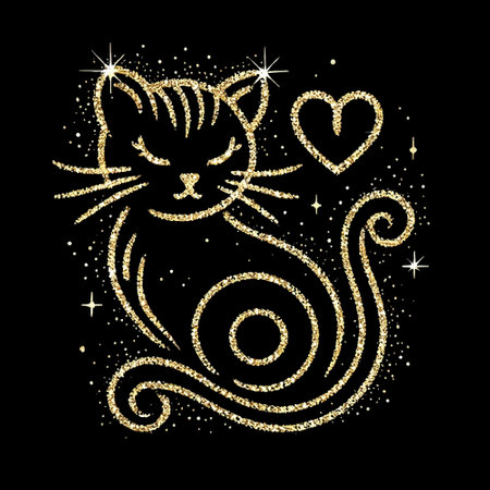 Gold glittery lines cat with love heart. Minimalist. Isolated beautiful line art gold vector cat on black background. Textured decorative modern design for print, card, fabric, wrapping, cover. tattooのイラスト素材