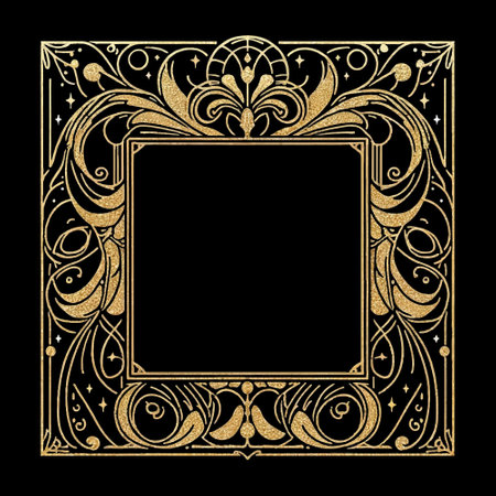 Luxury square art nouveau style golden glittery floral frame with intricate flowers, leaves on black background. Ornamental vintage isolated vector frame with gold glitters. Beautiful ornate patternsのイラスト素材