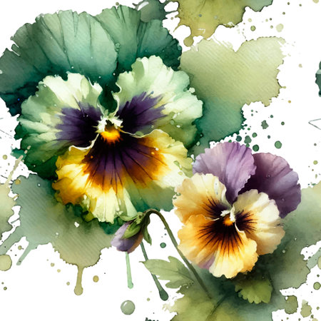 Pansies. Watercolor beautiful blossom pansy flowers seamless pattern. Dirty watercolor background. Hand drawn paint blooming pansies flowers, leaves. Modern artistic botanical arrangement of flowers.のイラスト素材